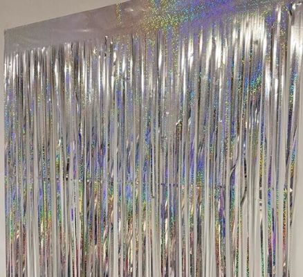 Cortina per porta in seta da pioggia in argento laser decorativo 1x2m festa di compleanno di nozze con nastro a doppio lato